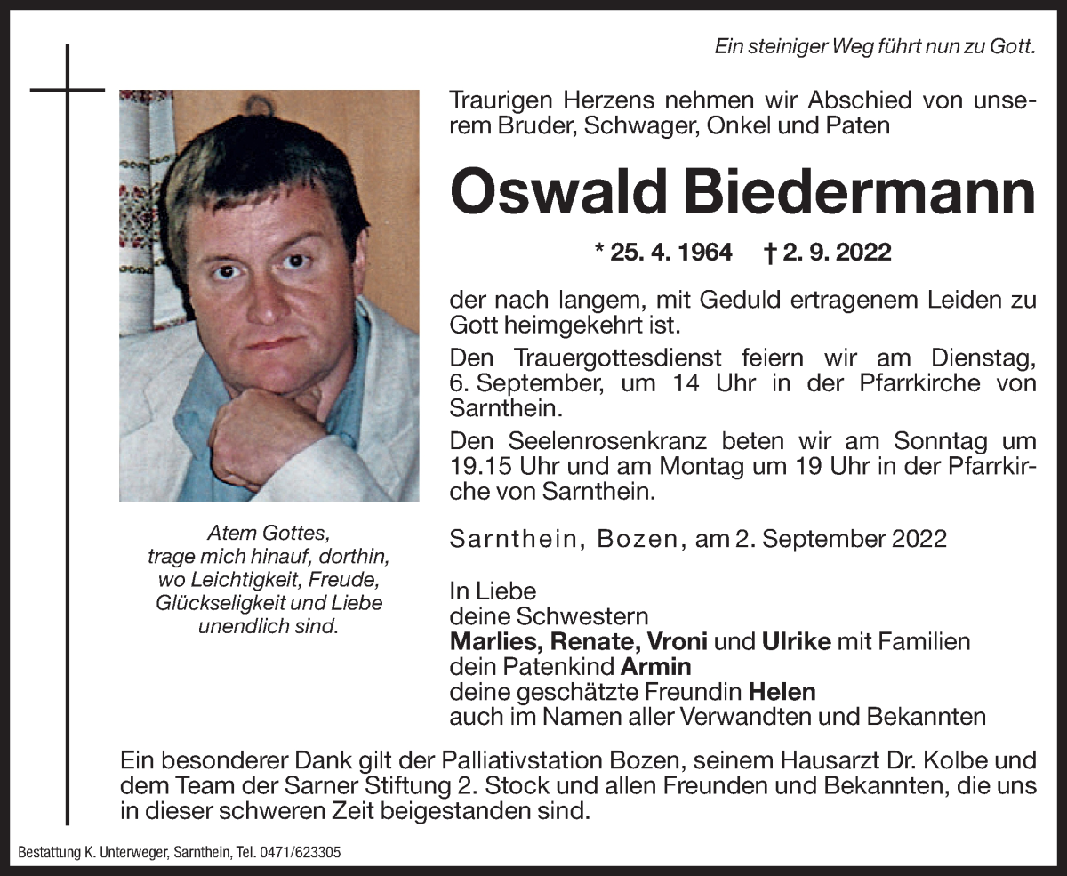  Traueranzeige für Oswald Biedermann vom 03.09.2022 aus Dolomiten