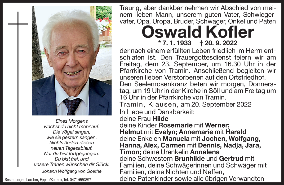  Traueranzeige für Oswald Kofler vom 21.09.2022 aus Dolomiten