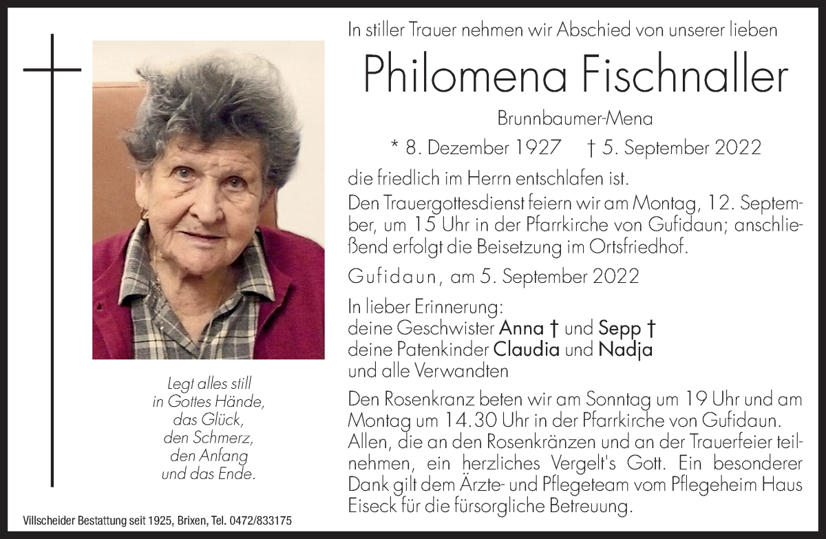  Traueranzeige für Philomena Fischnaller vom 09.09.2022 aus Dolomiten