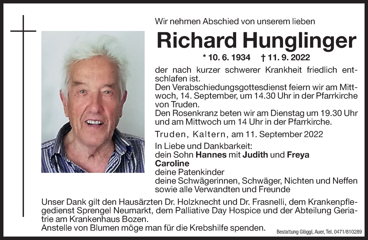  Traueranzeige für Richard Hunglinger vom 13.09.2022 aus Dolomiten
