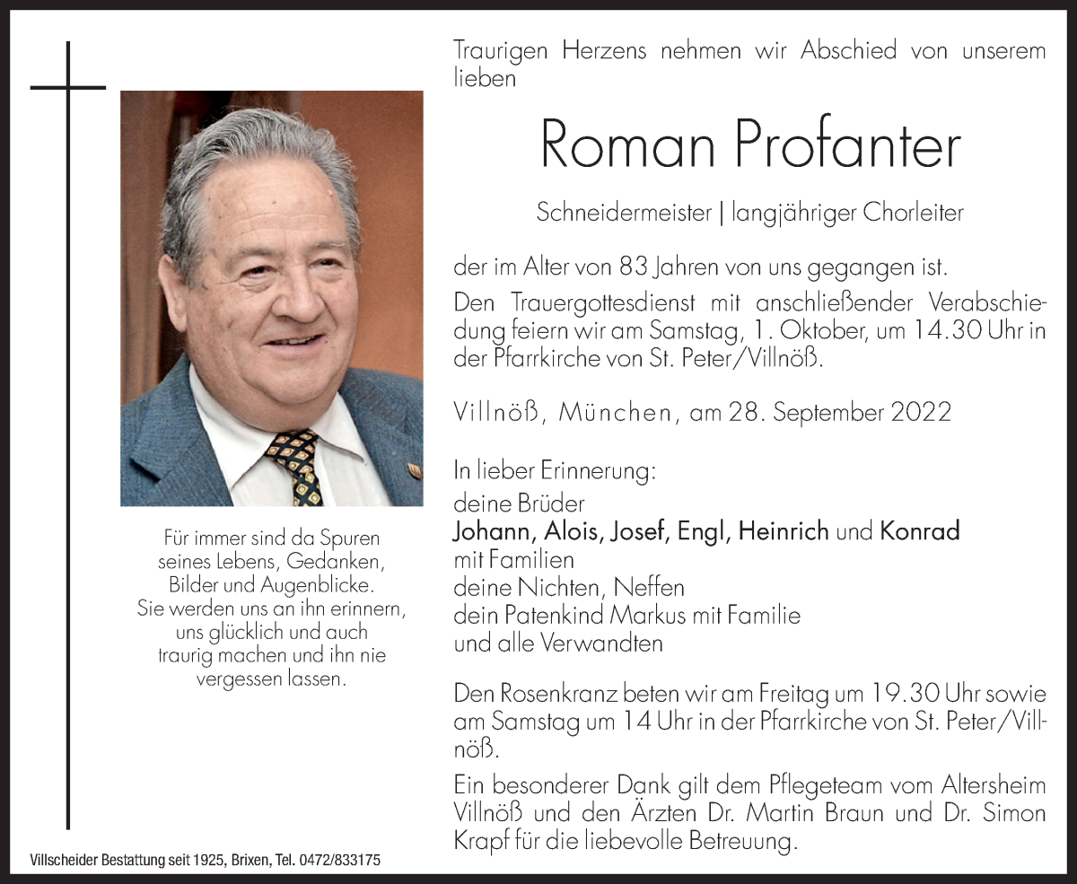  Traueranzeige für Roman Profanter vom 30.09.2022 aus Dolomiten