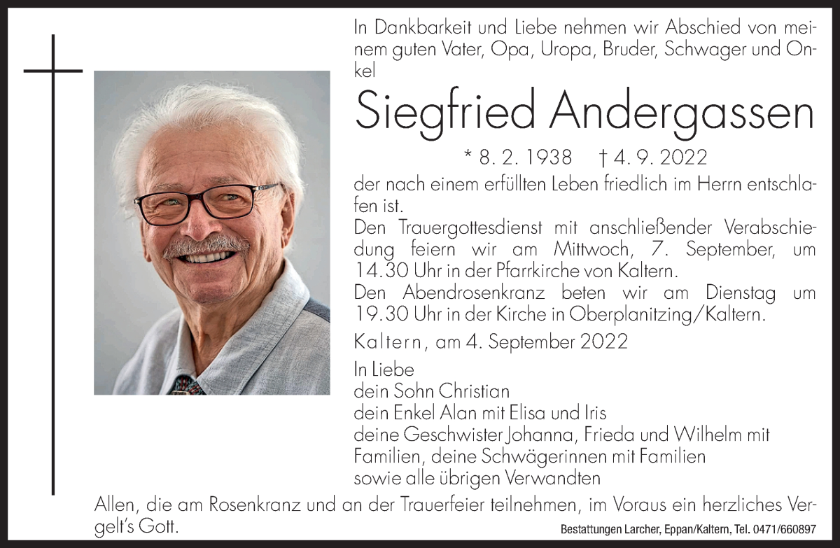 Traueranzeige für Siegfried Andergassen vom 05.09.2022 aus Dolomiten