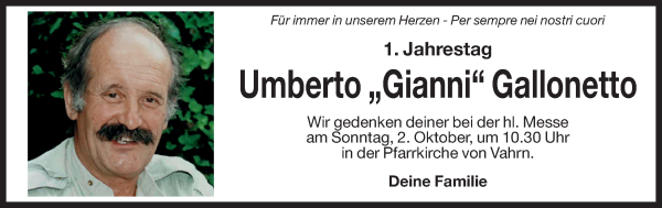 Traueranzeige von Umberto „Gianni“ Gallonetto von Dolomiten