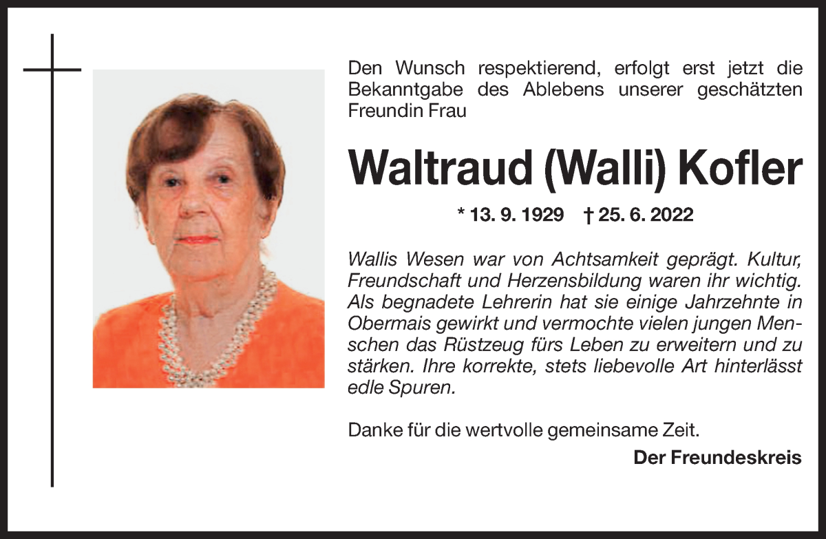  Traueranzeige für Waltraud Kofler vom 13.09.2022 aus Dolomiten