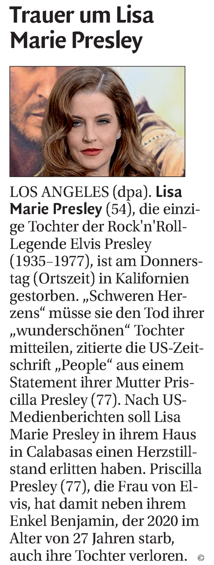  Traueranzeige für Lisa Marie Presley vom 14.01.2023 aus Dolomiten