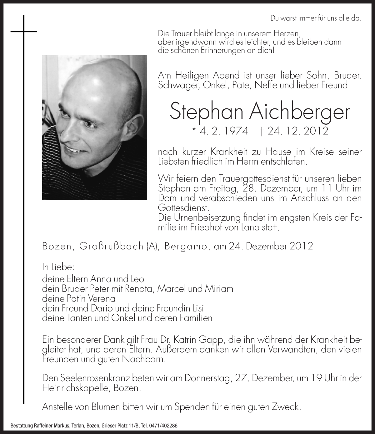  Traueranzeige für Stephan Aichberger vom 27.12.2012 aus Dolomiten