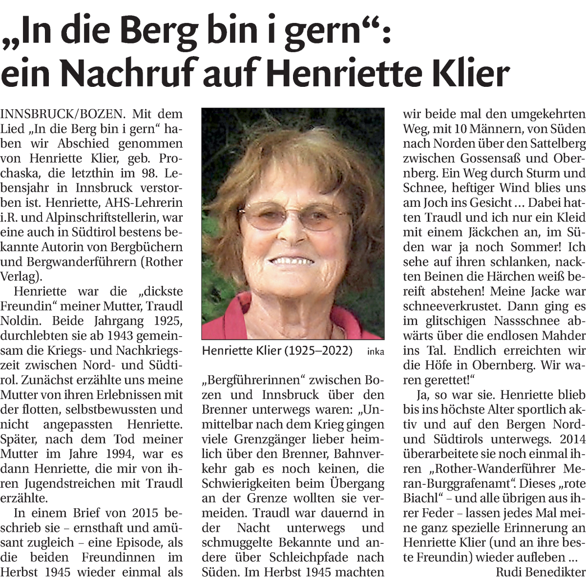  Traueranzeige für Henriette Klier vom 19.01.2023 aus Dolomiten