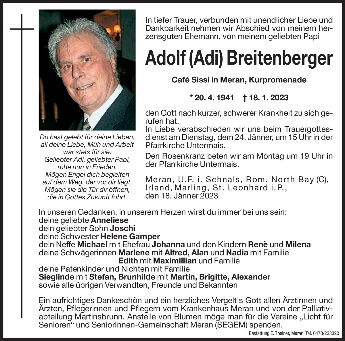  Traueranzeige für Adolf Breitenberger vom 21.01.2023 aus Dolomiten
