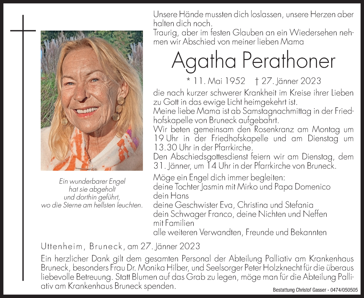  Traueranzeige für Agatha Perathoner vom 28.01.2023 aus Dolomiten