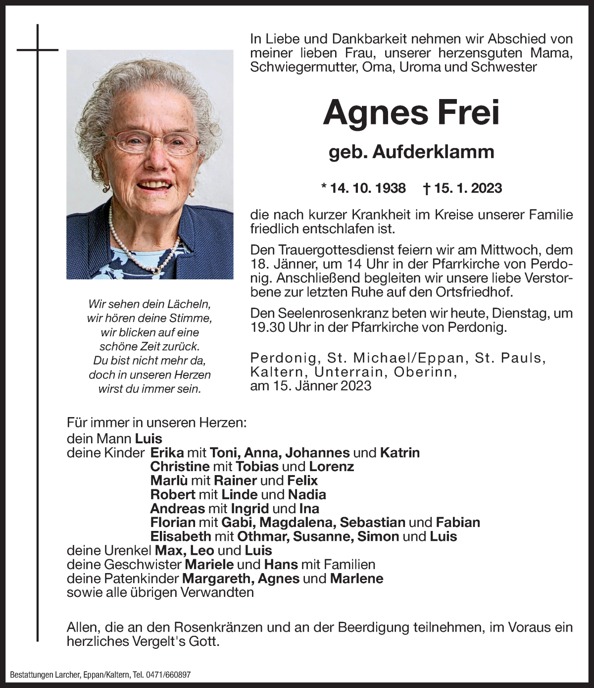  Traueranzeige für Agnes Frei vom 17.01.2023 aus Dolomiten