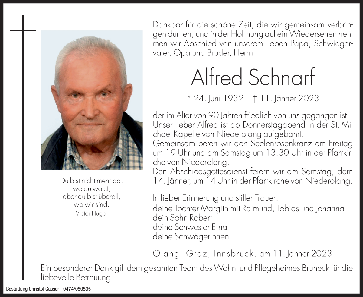  Traueranzeige für Alfred Schnarf vom 13.01.2023 aus Dolomiten