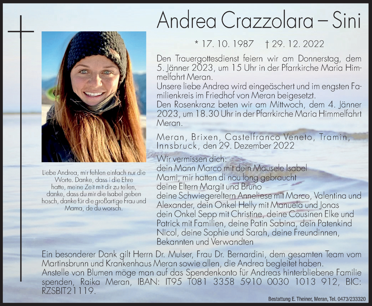  Traueranzeige für Andrea Crazzolara - Sini vom 03.01.2023 aus Dolomiten