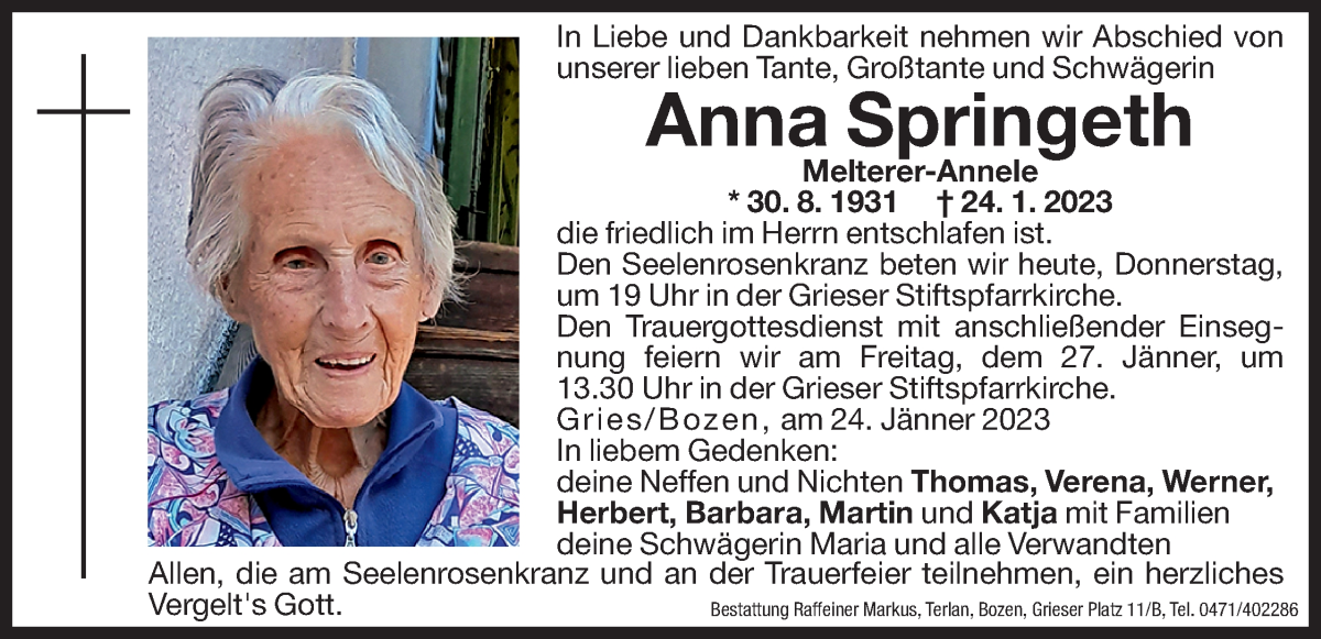  Traueranzeige für Anna Springeth vom 26.01.2023 aus Dolomiten