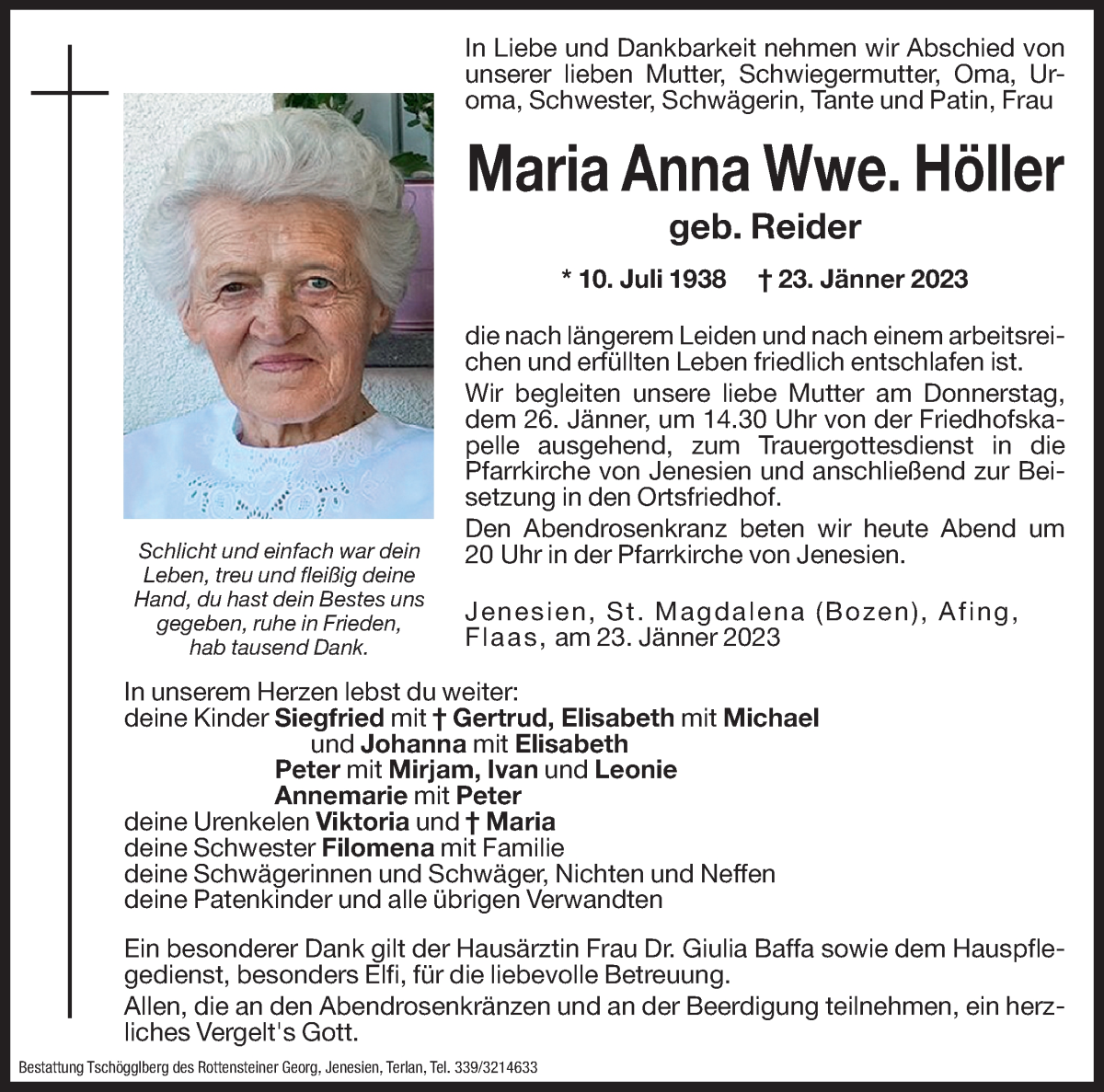  Traueranzeige für Anna Maria Höller vom 25.01.2023 aus Dolomiten