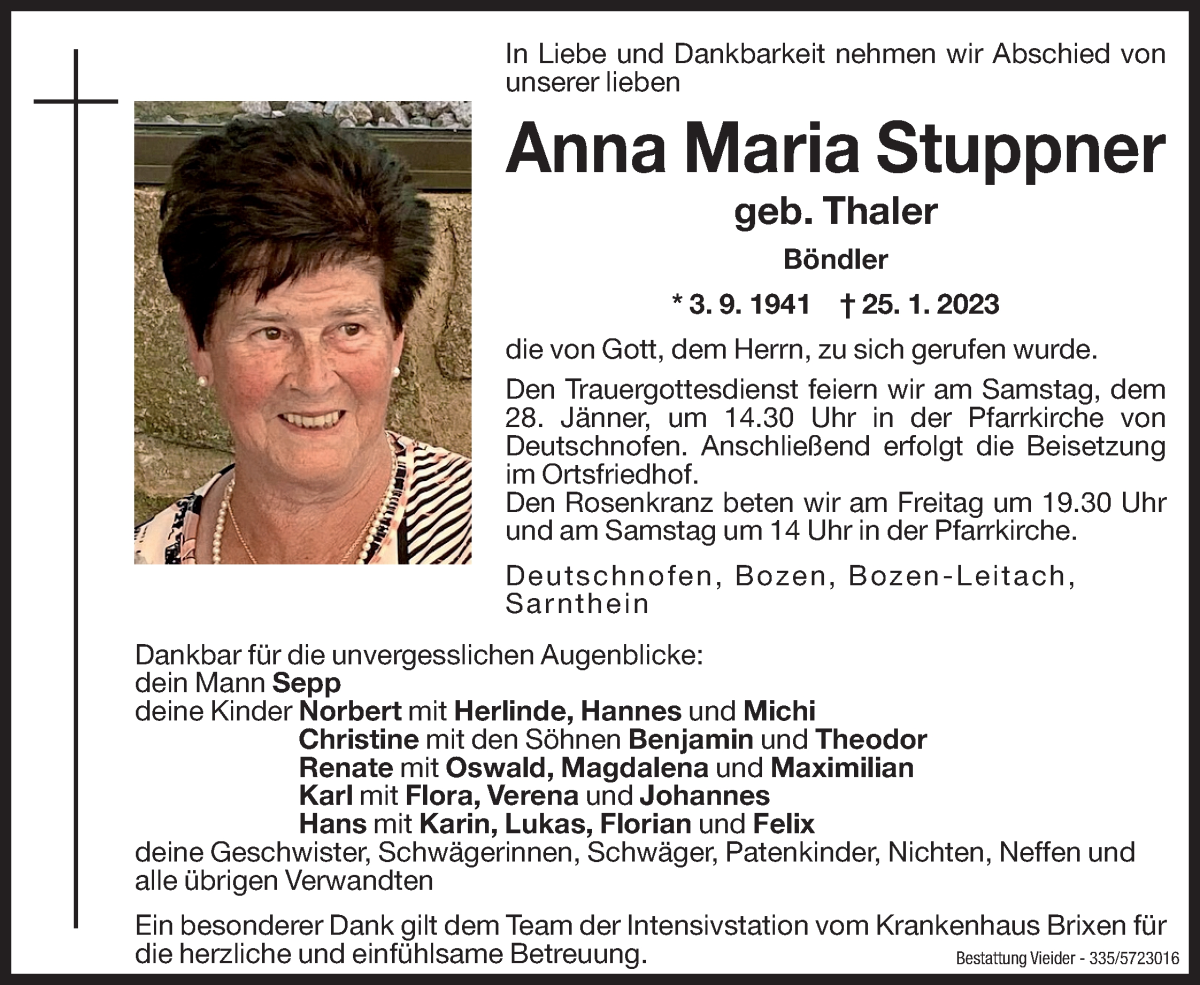  Traueranzeige für Anna Maria Stuppner vom 27.01.2023 aus Dolomiten