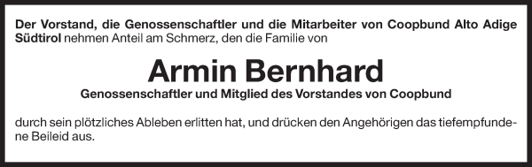 Traueranzeige von Armin Bernhard von Dolomiten