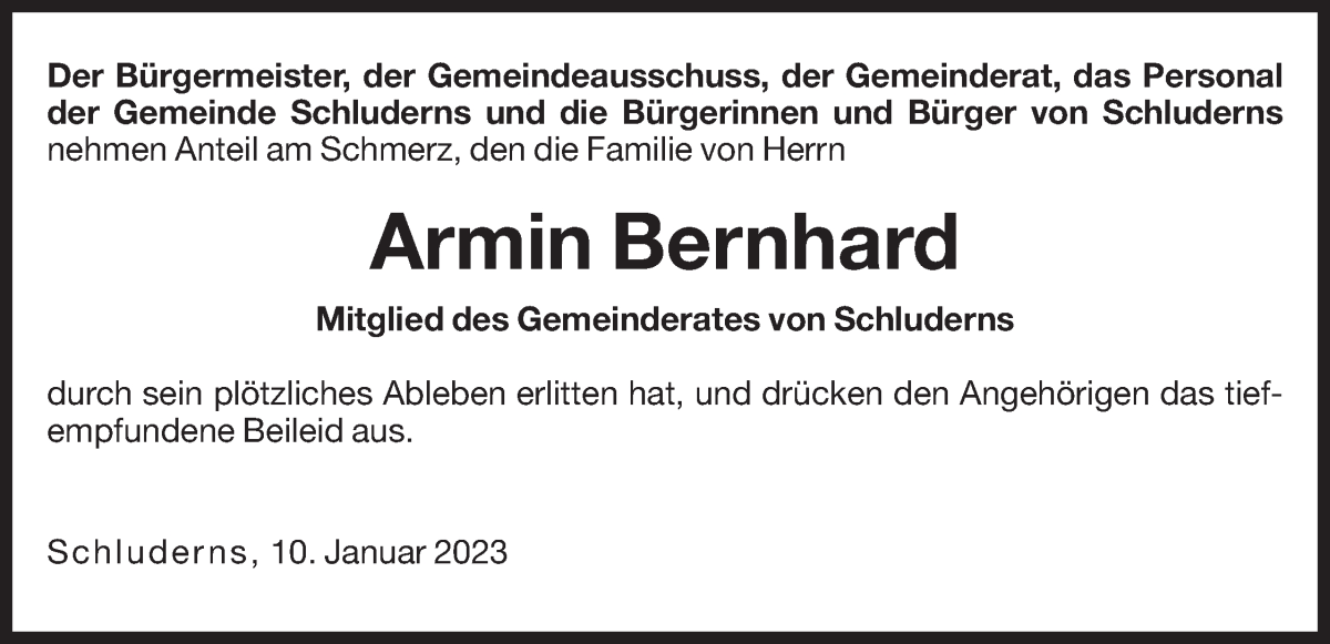  Traueranzeige für Armin Bernhard vom 10.01.2023 aus Dolomiten