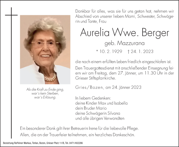 Traueranzeige von Aurelia Berger von Dolomiten