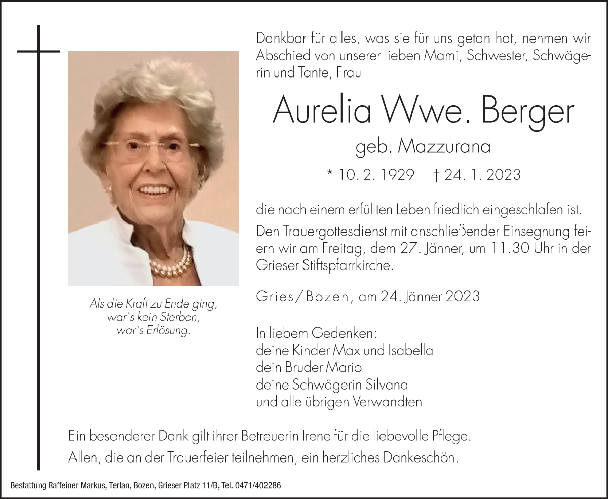  Traueranzeige für Aurelia Berger vom 25.01.2023 aus Dolomiten