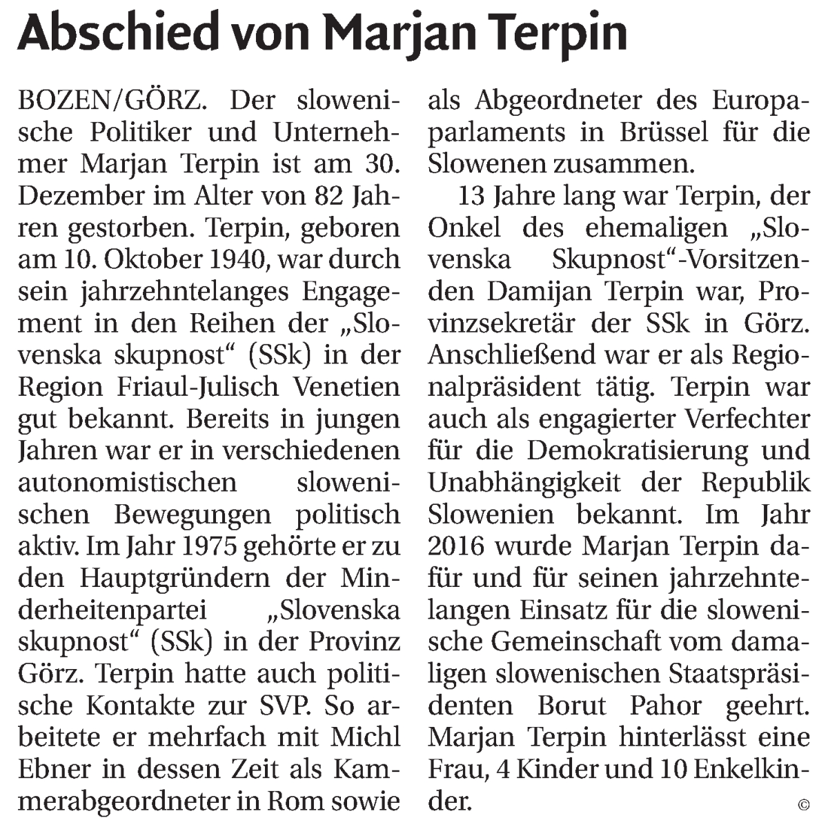  Traueranzeige für Marjan Terpin vom 07.01.2023 aus Dolomiten