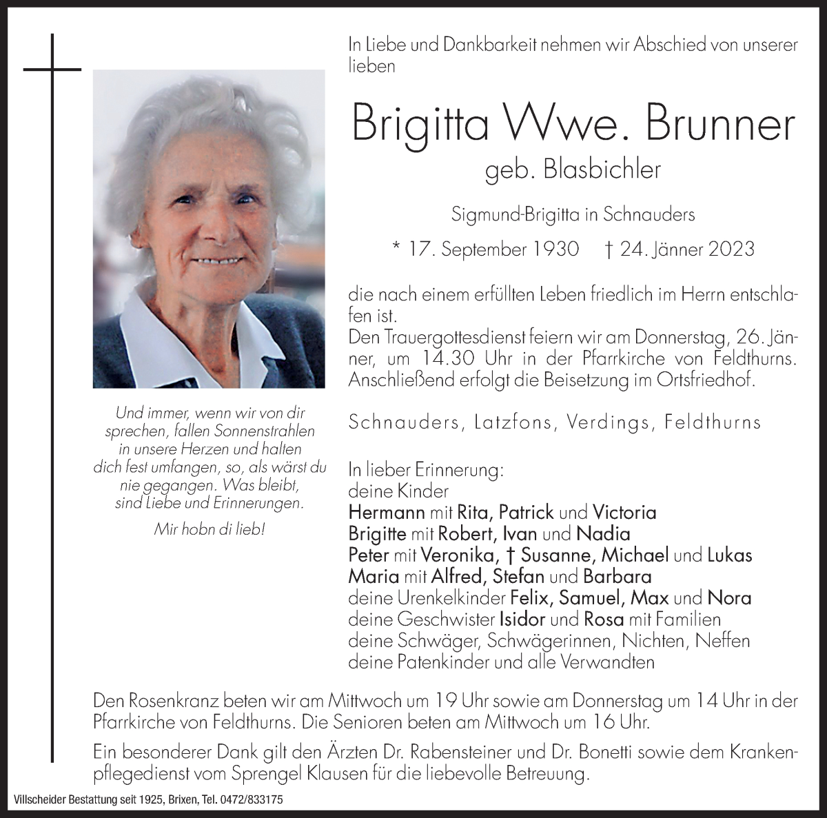  Traueranzeige für Brigitta Brunner vom 25.01.2023 aus Dolomiten