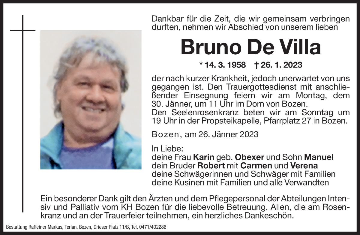  Traueranzeige für Bruno De Villa vom 28.01.2023 aus Dolomiten
