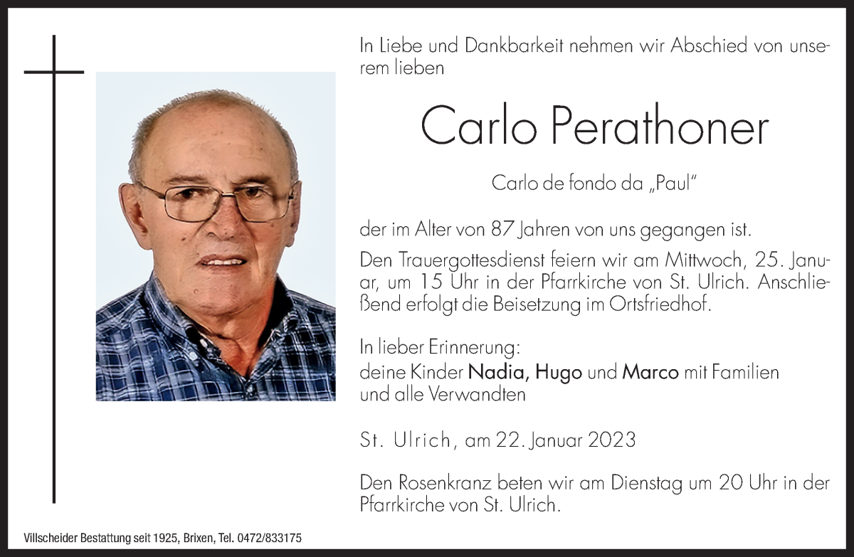  Traueranzeige für Carlo Perathoner vom 24.01.2023 aus Dolomiten