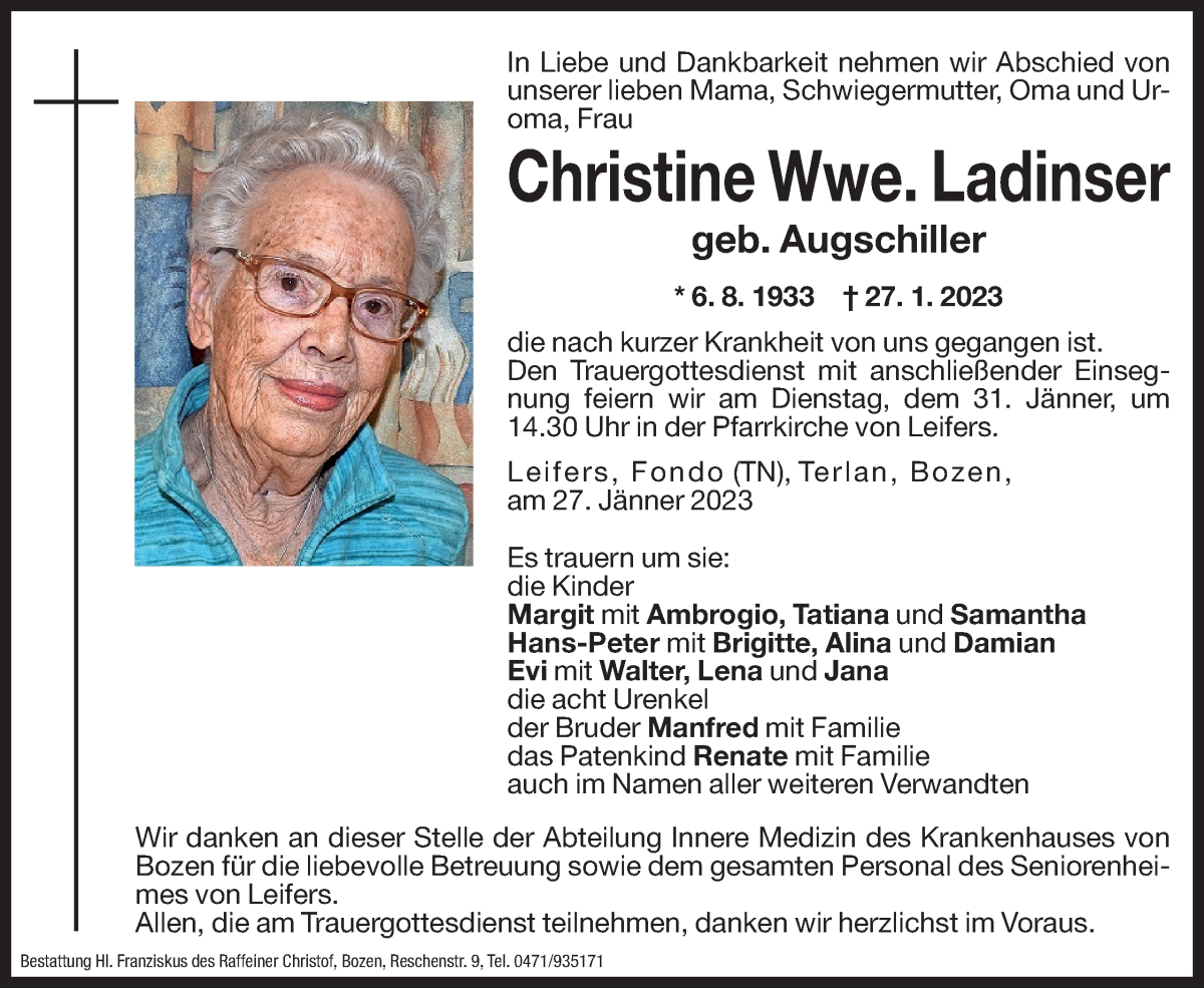  Traueranzeige für Christine Ladinser vom 28.01.2023 aus Dolomiten