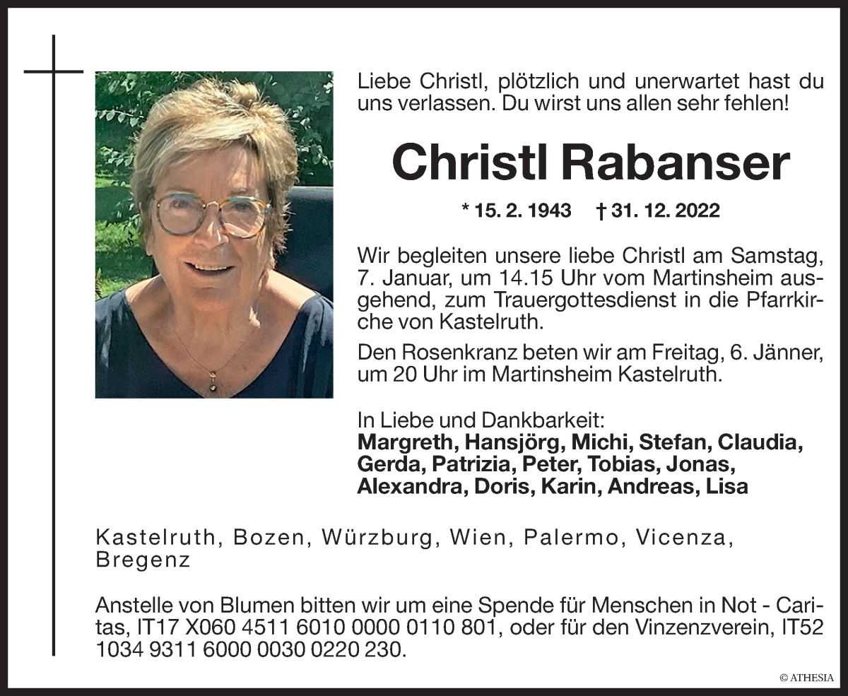  Traueranzeige für Christl Rabanser vom 05.01.2023 aus Dolomiten