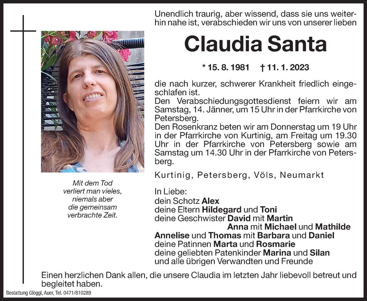  Traueranzeige für Claudia Santa vom 12.01.2023 aus Dolomiten
