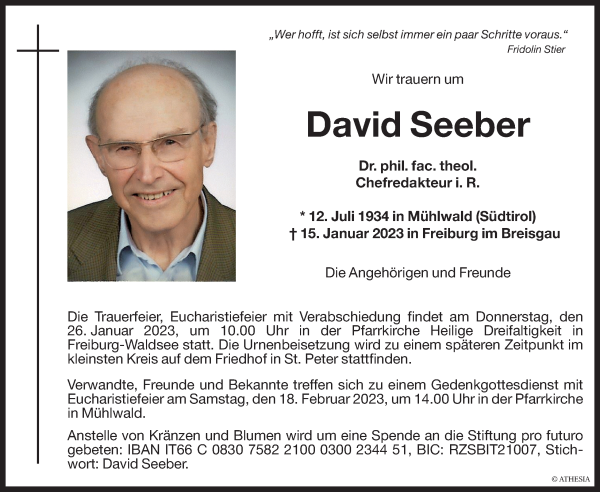 Traueranzeige von David Seeber von Dolomiten