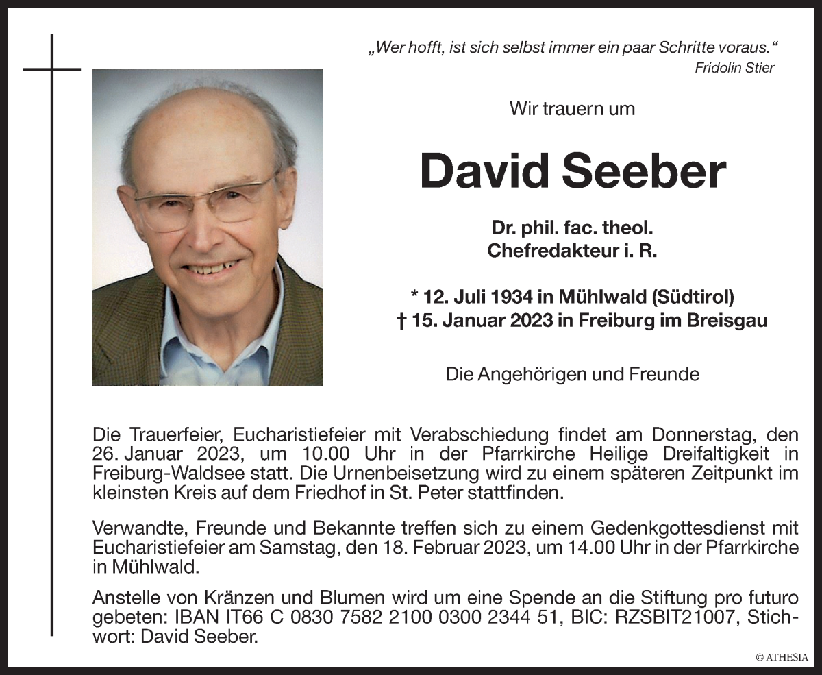  Traueranzeige für David Seeber vom 23.01.2023 aus Dolomiten