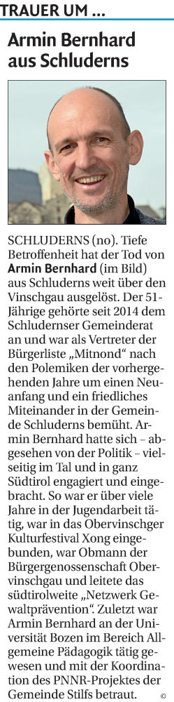 Traueranzeige von Armin Bernhard von Dolomiten