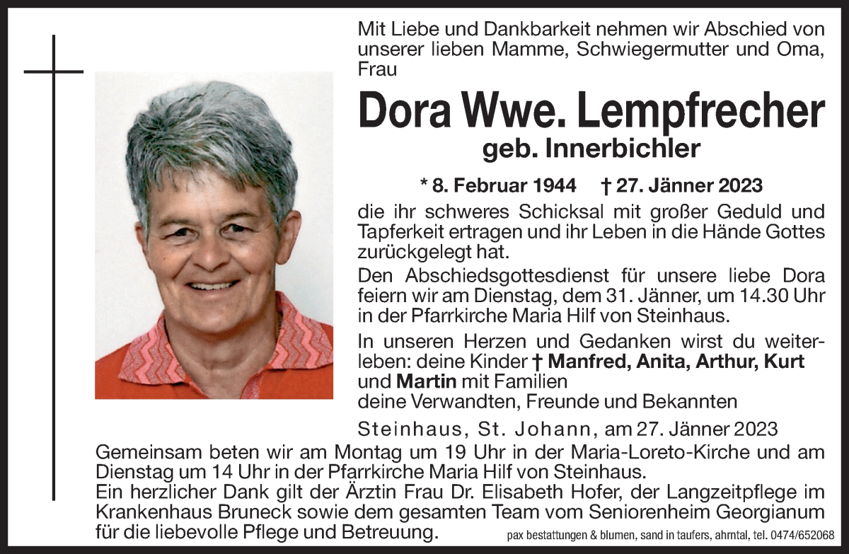  Traueranzeige für Dora Lempfrecher vom 30.01.2023 aus Dolomiten