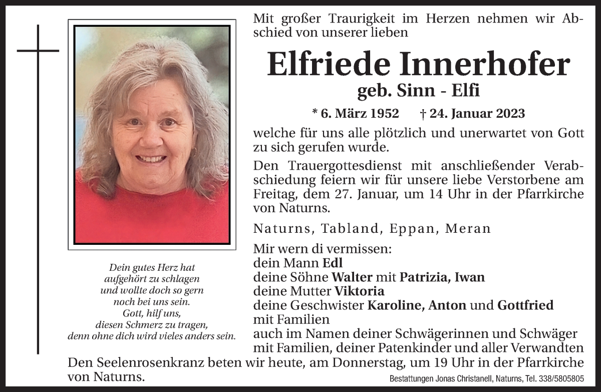  Traueranzeige für Elfriede Innerhofer vom 26.01.2023 aus Dolomiten