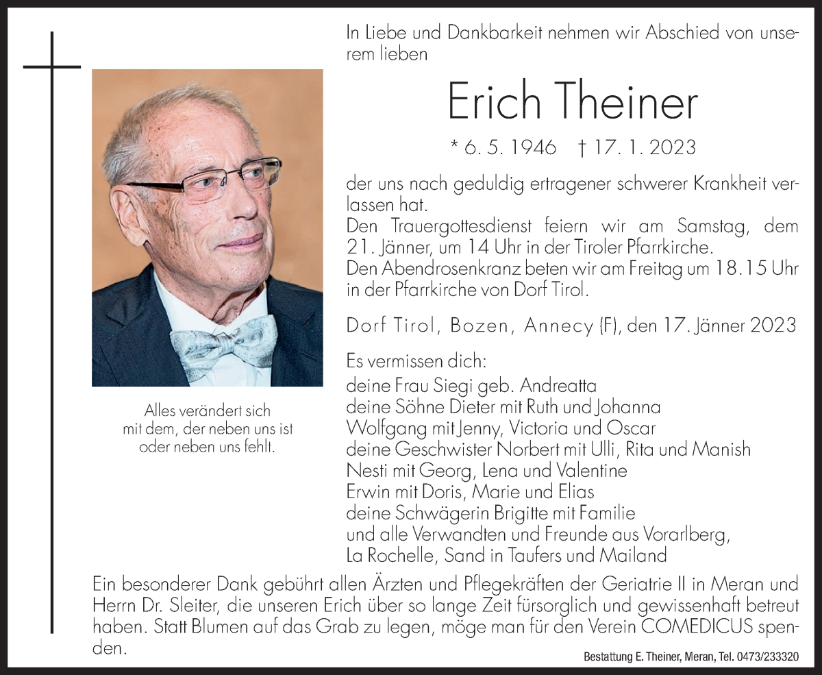  Traueranzeige für Erich Theiner vom 19.01.2023 aus Dolomiten