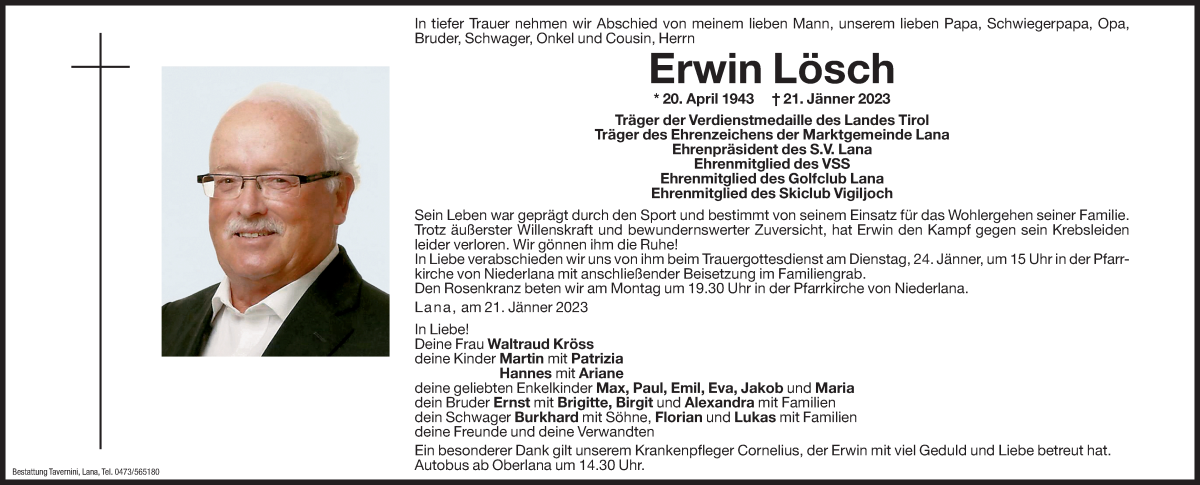  Traueranzeige für Erwin Lösch vom 23.01.2023 aus Dolomiten