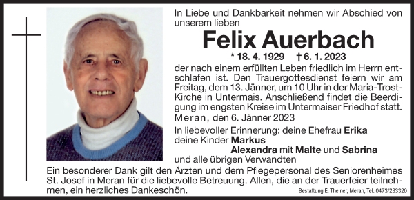 Traueranzeige von Felix Auerbach von Dolomiten