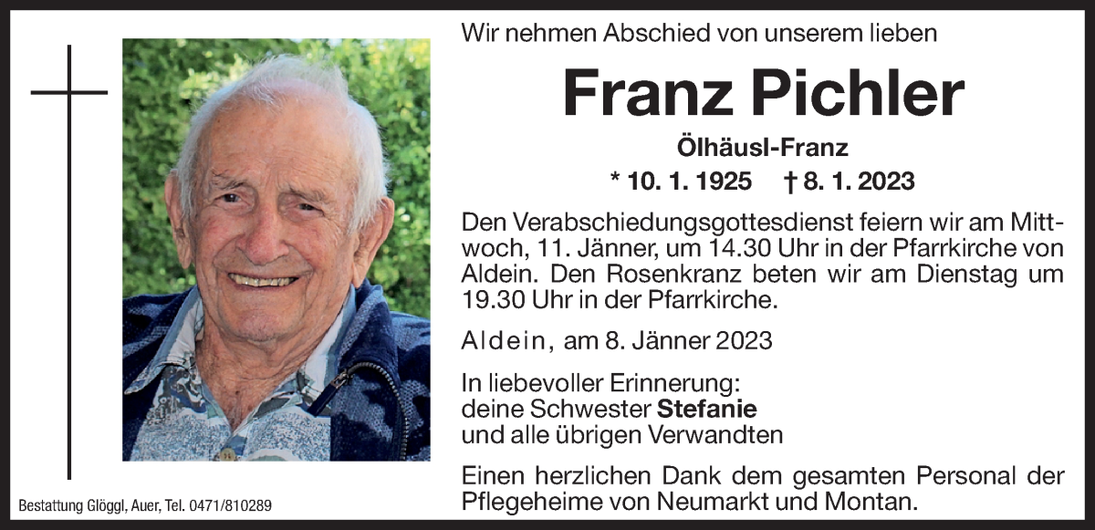  Traueranzeige für Franz Pichler vom 10.01.2023 aus Dolomiten