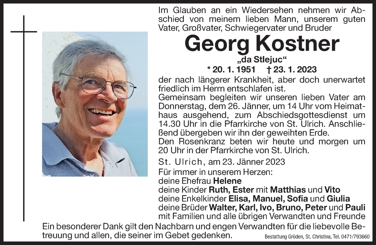  Traueranzeige für Georg Kostner vom 24.01.2023 aus Dolomiten