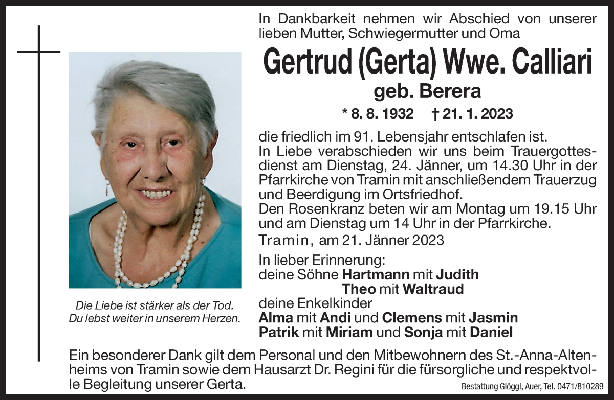  Traueranzeige für Gertrud (Gerta) Calliari vom 23.01.2023 aus Dolomiten