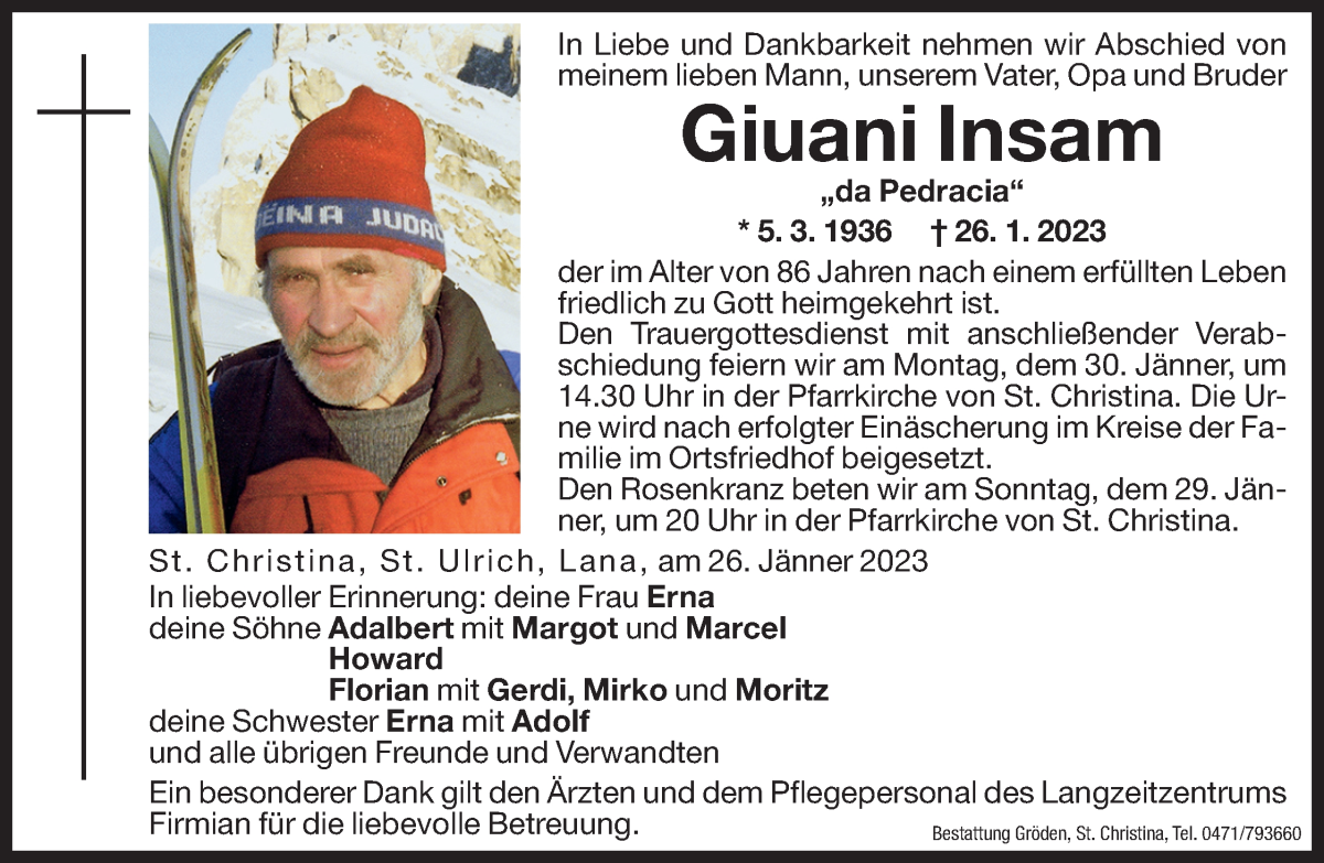  Traueranzeige für Giuani Insam vom 28.01.2023 aus Dolomiten