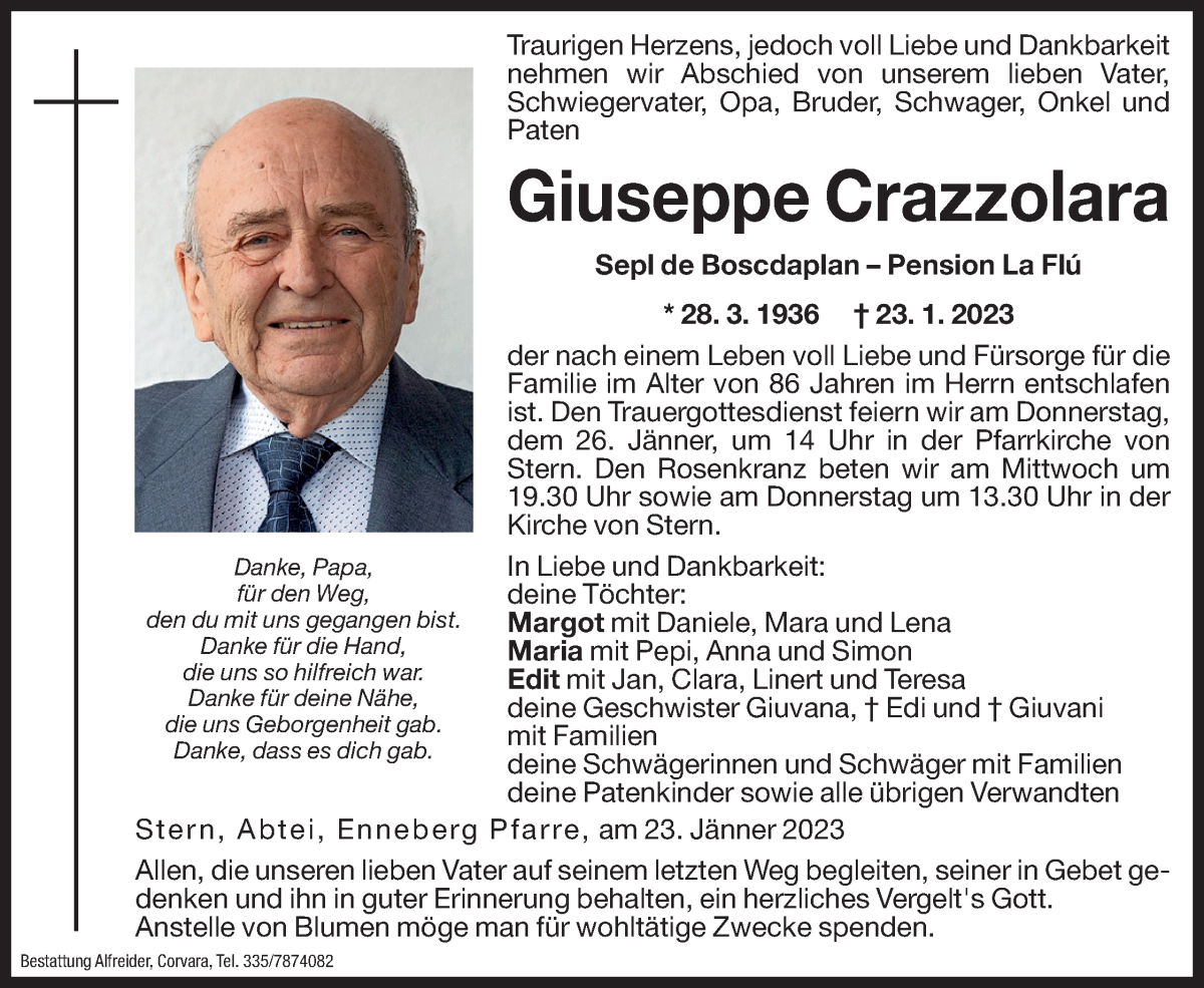  Traueranzeige für Giuseppe Crazzolara vom 25.01.2023 aus Dolomiten