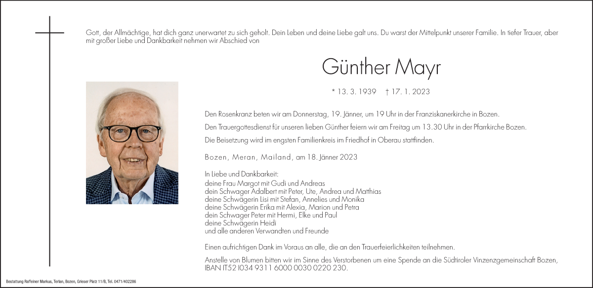  Traueranzeige für Günther Mayr vom 18.01.2023 aus Dolomiten