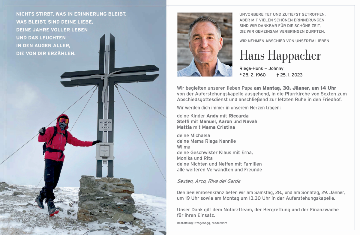  Traueranzeige für Hans Happacher vom 28.01.2023 aus Dolomiten