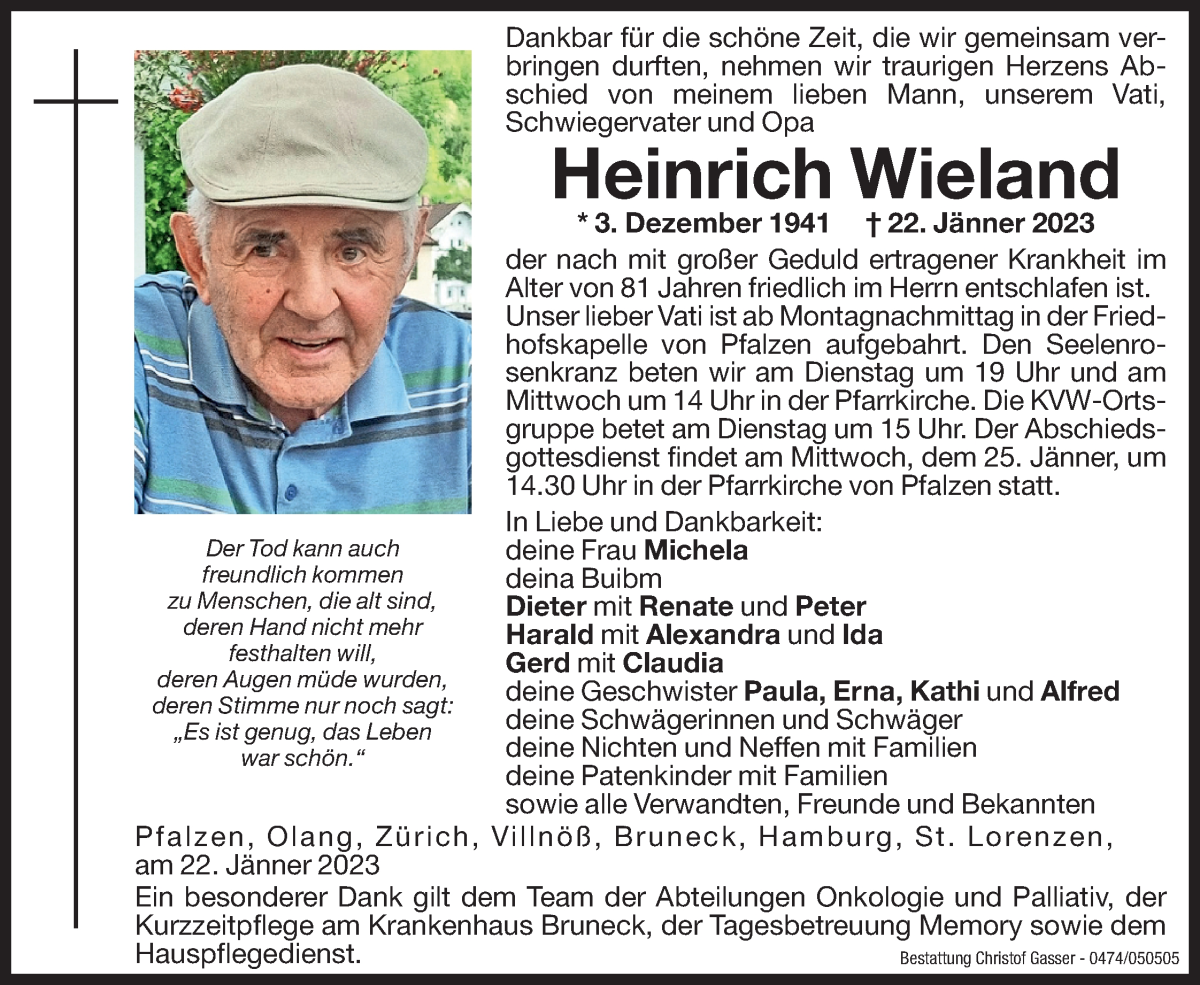  Traueranzeige für Heinrich Wieland vom 24.01.2023 aus Dolomiten