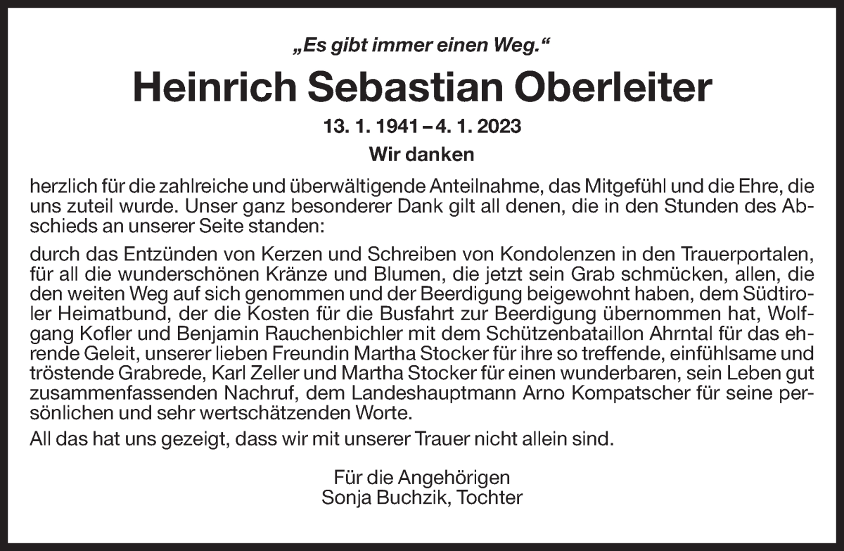  Traueranzeige für Heinrich Sebastian Oberleiter vom 24.01.2023 aus Dolomiten