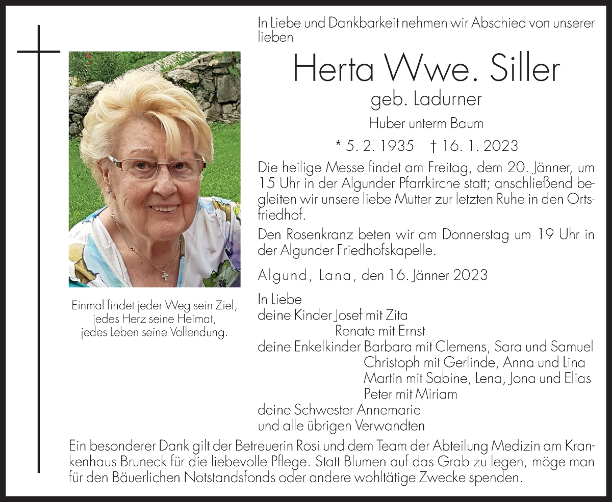 Traueranzeige für Herta Siller vom 19.01.2023 aus Dolomiten