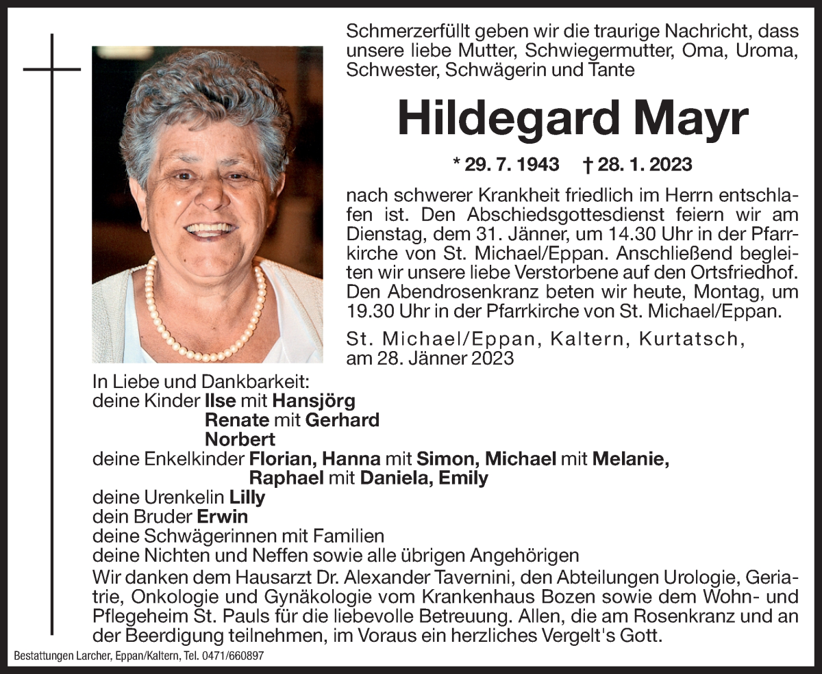  Traueranzeige für Hildegard Mayr vom 30.01.2023 aus Dolomiten