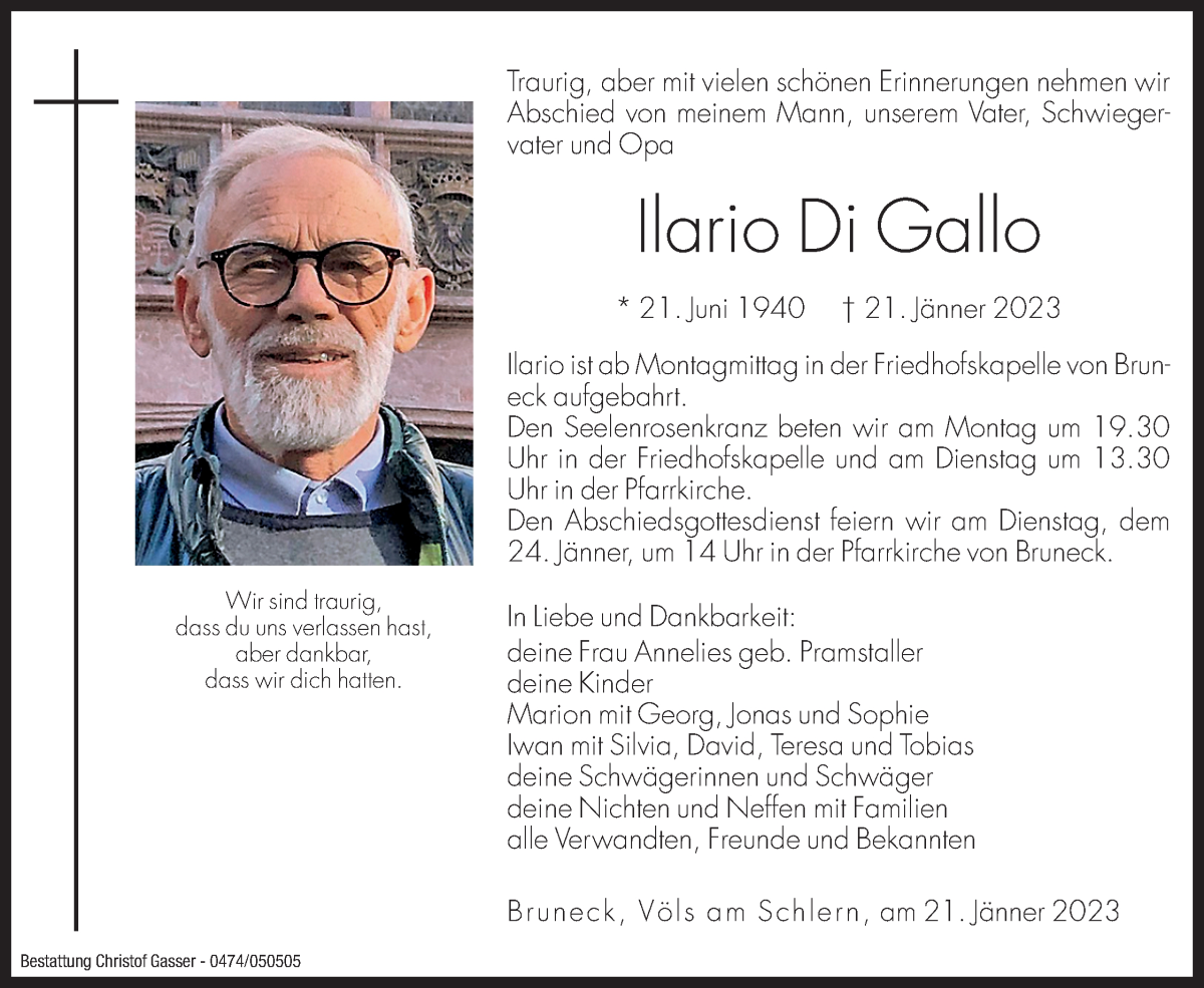  Traueranzeige für Ilario Di Gallo vom 23.01.2023 aus Dolomiten